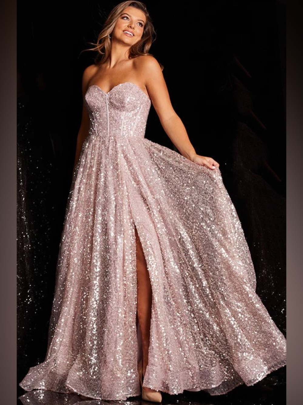Jovani Strapless Sequin Ball Gown Dress in Dusty Pink